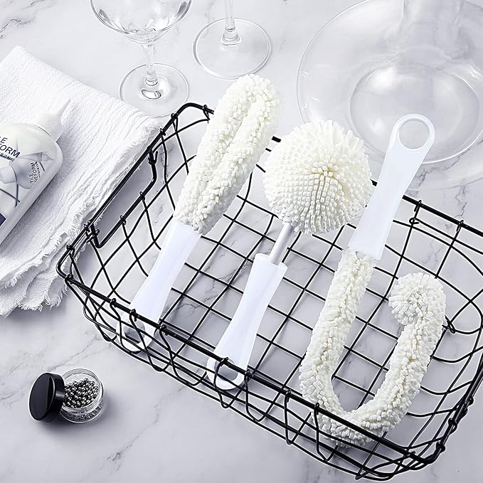 3 Pieces Wine Cleaning Brush Flexible Bottle Scourer with Stainless Steel Decanter Cleaning Balls Multi-Function Household Cleaning Tools for Goblets/Champagne Flutes/Cups/Glasses (White)
