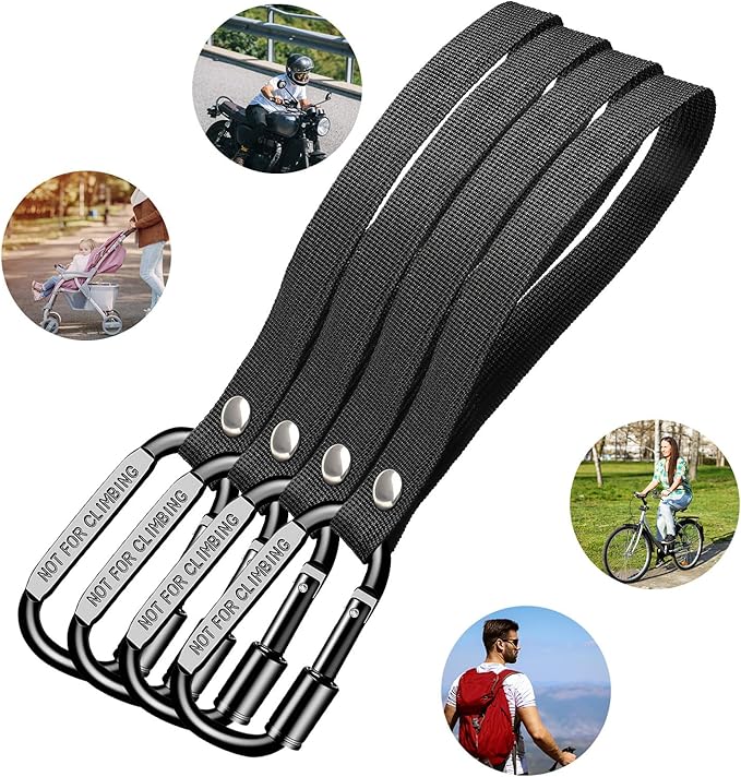 Stroller Hooks for Bags with Locking Stroller Carabiner Clip – Heavy-Duty Hooks for Diaper Bags, Groceries, Backpacks on Strollers, Bikes & Shopping Carts (Black, 4 Pieces)