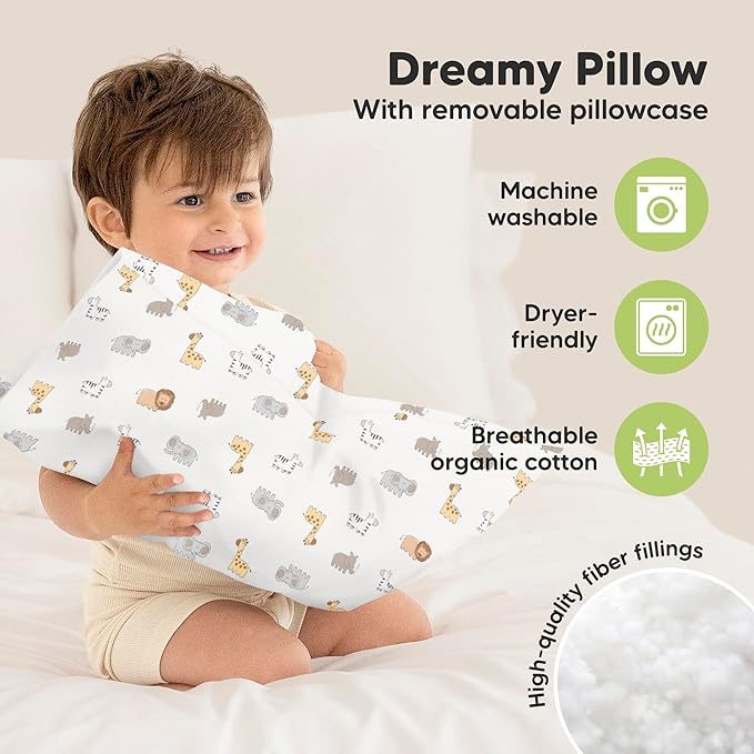 Toddler Pillow with Pillowcase - 13x18 My Little Dreamy Kids Travel Bed Pillows for Sleeping, Organic Cotton Small Pillowcase, Soft & Breathable, Machine Washable, Toddlers 2-5 years old (Safari Echo)
