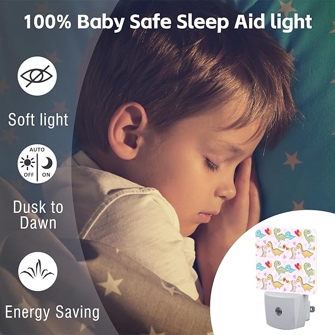 Cute Love Dinosaurs Night Light for Kids, Red Hearts and Dinos Night Light Plug in with Dusk to Dawn Sensor,0.5w Energy Saving Nightlight for Hallway Stairway Kitchen Bedroom