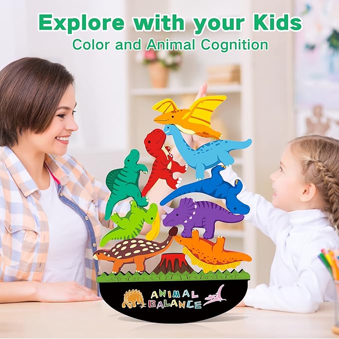 FFTROC Montessori Dinosaur Toys for 2 3 4 Year Old Boys - Wooden Stacking Dinosaur Toys for Kids 2-4 3-5, Toddler Balancing Block Sets