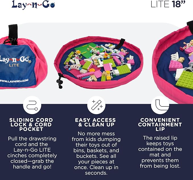 Lay-n-Go 2-in-1 Small Portable Drawstring Toys Storage Organizer and Play Mat for Room and Travel, Made for Kids and Toddlers with a Durable Patented Design