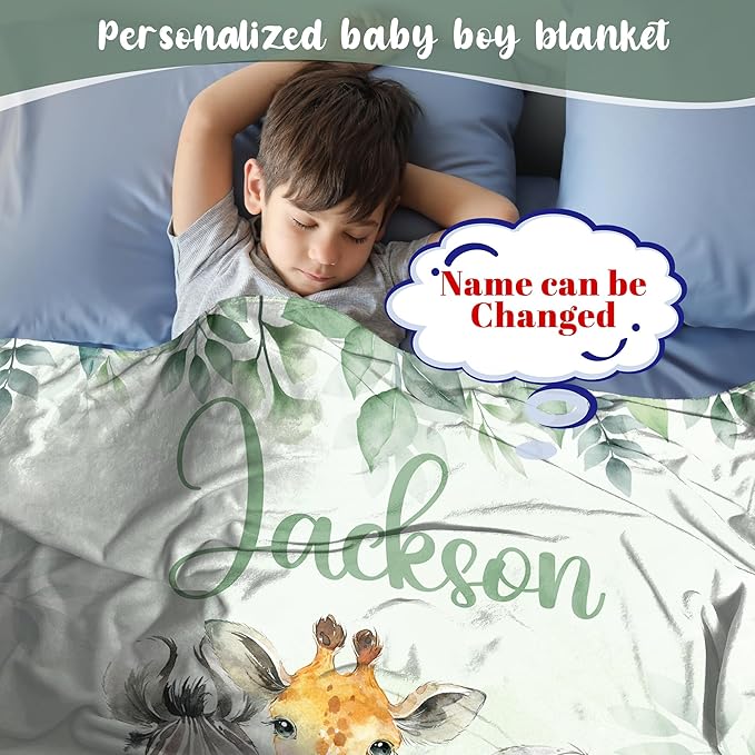 J&SBGFT Personalized Baby Blanket for Boys,Custom Baby Blanket with Name, Customized Name Blanket Receiving Blankets for Toddlers Kids Nursery Stroller Crib Decor Throw,Safari Animal Blanket