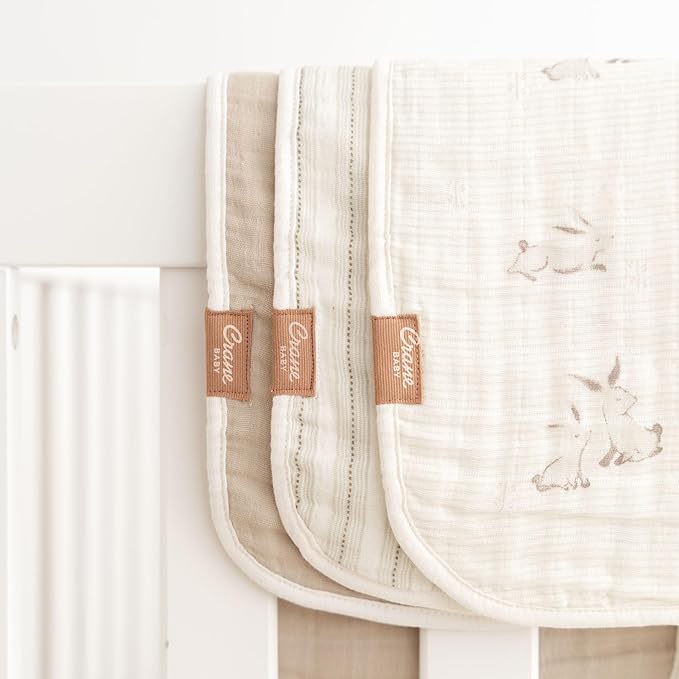 Crane Baby Organic Muslin Baby Burp Cloths, 3-Pack, 100% GOTS Organic Cotton, Absorbent, Lightweight, Machine Washable, Bunny