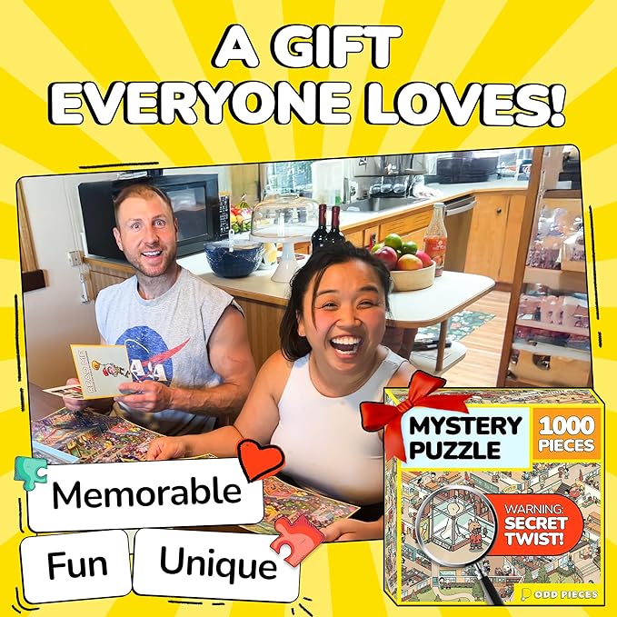 Odd Pieces Jigsaw Puzzles 1000 Pieces with Storytelling Comics, Secret Ending, Puzzle for Mystery Adults & Kids - 19.7'' x 27.6'' Frameable Magic Puzzle Art (Snack Attack)
