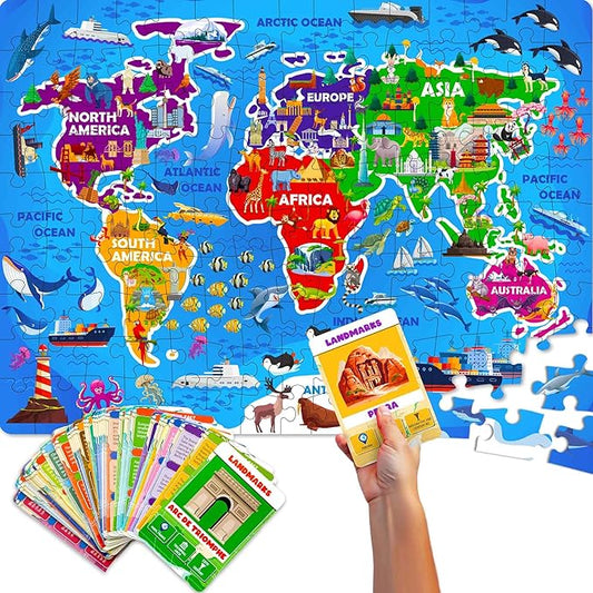 QUOKKA Puzzles for Kids Ages 4-6 - 150 Pcs Floor Puzzles World Map for Kids Ages 4-8 Preschool Activities - Includes 50 Cards with 400+ World Facts - Continent-Shaped Jigsaw Puzzle Gift for Girls Boys