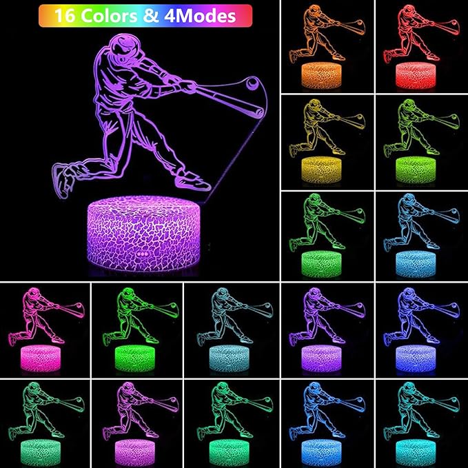 Baseball Man 3D Night Light for Kids for Teens Boys Girls Birthday Christmas Gift,with Smart Touch and Remote Control,Multiple Colors and Brightness Adjustment Room Decor Night Lamp