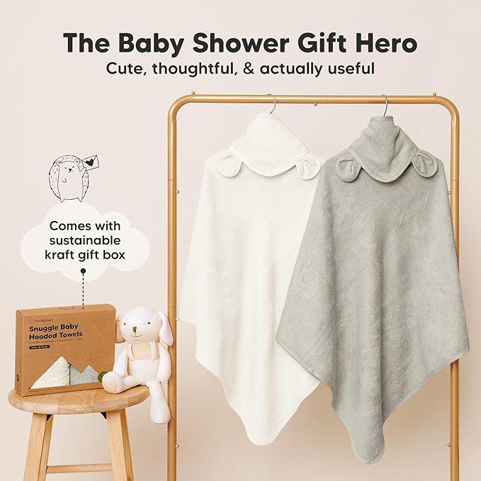 KeaBabies 2-Pack Hooded Baby Towels for Newborn - 30x30 Soft & Absorbent Viscose from Bamboo Baby Bath Towels with Hood for Infant, Toddler,Kids,Boys Girls,Newborn Bath Essentials (Graphite, Petite)