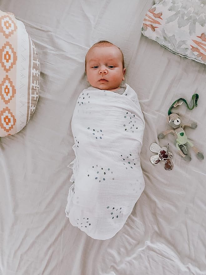 Ely's & Co. Cotton Muslin Swaddle Blanket 2-Pack for Baby Boy — 100% Cotton Muslin Extra-Large Swaddle Blankets (47” x 47”) Blue Raindrops | Solid Blue