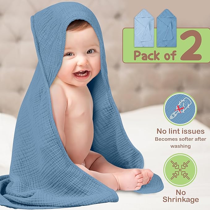 Organic Cotton Muslin Baby Hooded Towels - 32x32 Inch, 2 Pack Newborn Bath Towels for Boys & Girls, Soft & Absorbent Bath Set (Deep Blue/Aquarius)