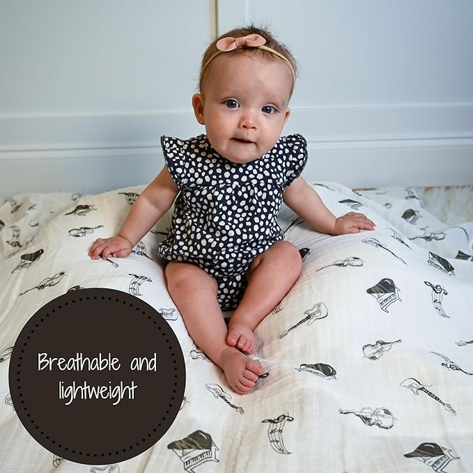 LollyBanks Muslin Swaddle Blankets for Boys and Girls, 100% Cotton Baby Blanket, Large 47 x 47 Inches Soft and Breathable Swaddles for Newborns, Baby Essentials, Registry (Music Instrument Print)