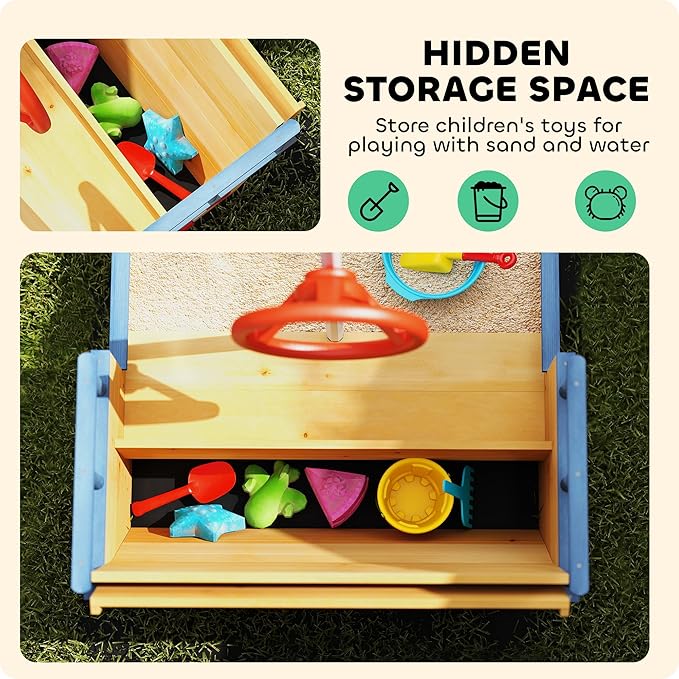 Outsunny Wooden Kids Sandbox, Pirate Ship Outdoor Sandboat with Bench Seats, Storage, Non-Woven Fabric Cloth for Backyard, Lawn, Natural Wood