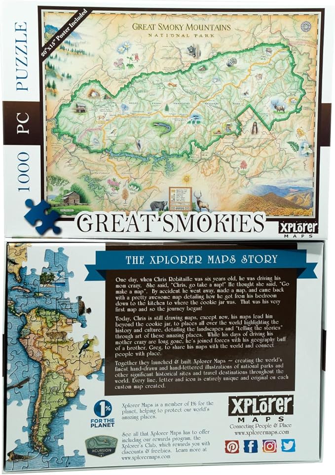 Great Smoky Mountains National Park Cardboard Jigsaw Puzzle - 1000 Pieces, Hand-Illustrated - Educational, Family Activity, Ages 7+, Includes Poster - 25.4 x 19.8