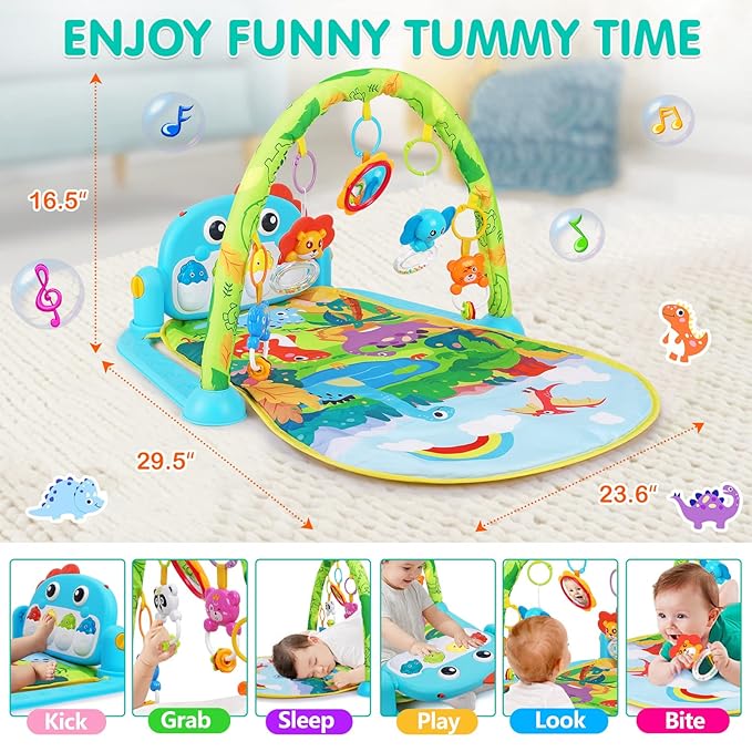UMIKU Baby Gym Play Mats Baby Tummy Time Mat Musical Activity Center for Newborn Infant Piano Babies Play Mat Music & Light Newborn Infant Gifts for Babies 0-3 6 9 12 Months Dinosaur Style