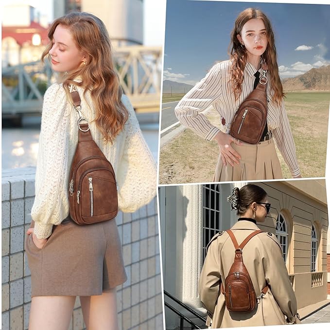 Sling Bag Crossbody Backpack - 2 in 1 Leather Cross Body Bag Fanny Pack with 2 Removable Straps