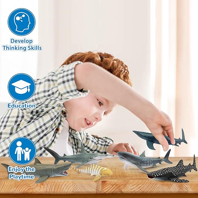 Toymany 6PCS 5-6" L Realistic Shark Bath Toy Figurines, Plastic Ocean Sea Animals Figures Set Includes Great White Shark Cake Toppers Christmas Birthday Gift for Kids Toddlers