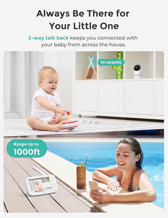 Dr.Care NovaView Video Baby Monitor - 5" 1080P Split Screen Display, 5000mAh Battery, Clear Night Vision, Real-Time/VOX, 2X/4X Zoom, 1000ft Range, 2-Way Audio, Pan & Tilt, No WiFi Baby Camera