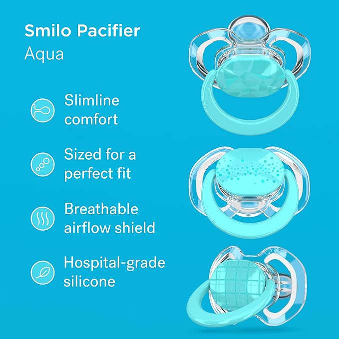 Smilo Baby Pacifier with Orthodontic Design for Healthy Dental Development - Stage 3 for Babies 9+ Months - Pack of 3X 100% Silicone Pacifiers BPA Free - Aqua Blue