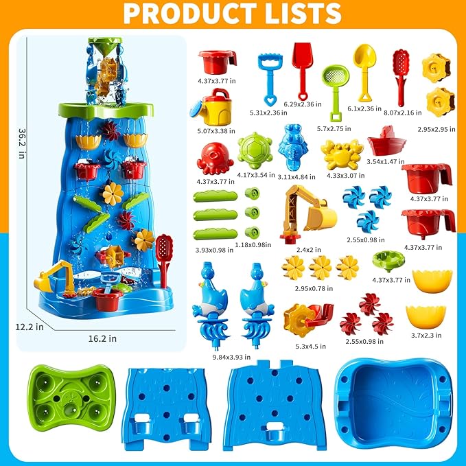 Water Table for Toddlers 1-3 Kids Ages 4-8, Double-Sided Waterfall Discovery Wall with Rich Activity Set, Summer Kids Outdoor Beach Sensory Sand Water Play Table Toys, Birthday Gifts for Boys & Girls