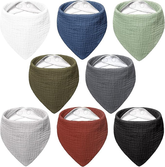 Bearmoss Muslin Baby Bibs 8 Pack Soft Bandana Bibs for Drooling & Teething, Absorbent Burp Cloths with Adjustable Snaps