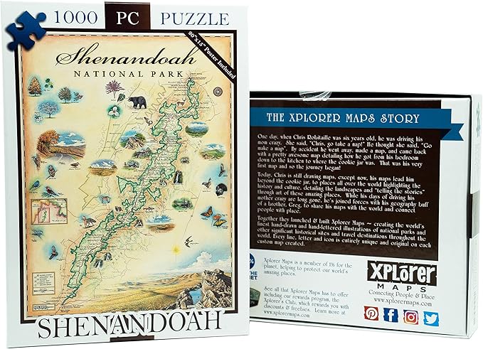Shenandoah National Park Map Cardboard Jigsaw Puzzle - 1000 Pieces, Hand-Illustrated - Educational, Family Activity, Ages 7+, Includes Poster - 25.4 x 19.8