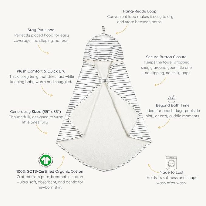 MakeMake Organics Organic Cotton Hooded Towel Baby Toddler GOTS Certified Organic Cotton Beach Poncho Towel Large Absorbent Non Toxic Neutral (Navy Stripes, Diagonally 35"x35")