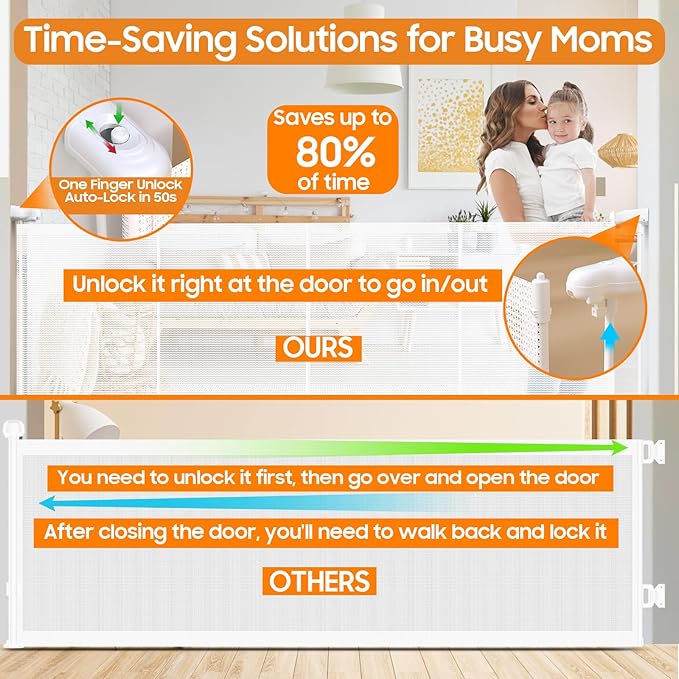 180" Extra Wide Retractable Baby Gates for Large Openings, 42" Extra Tall with Support Rods, Prevent Crawling, Mesh Dog/Pet Gate for Stairs/Doorways, Indoor/Outdoor Use