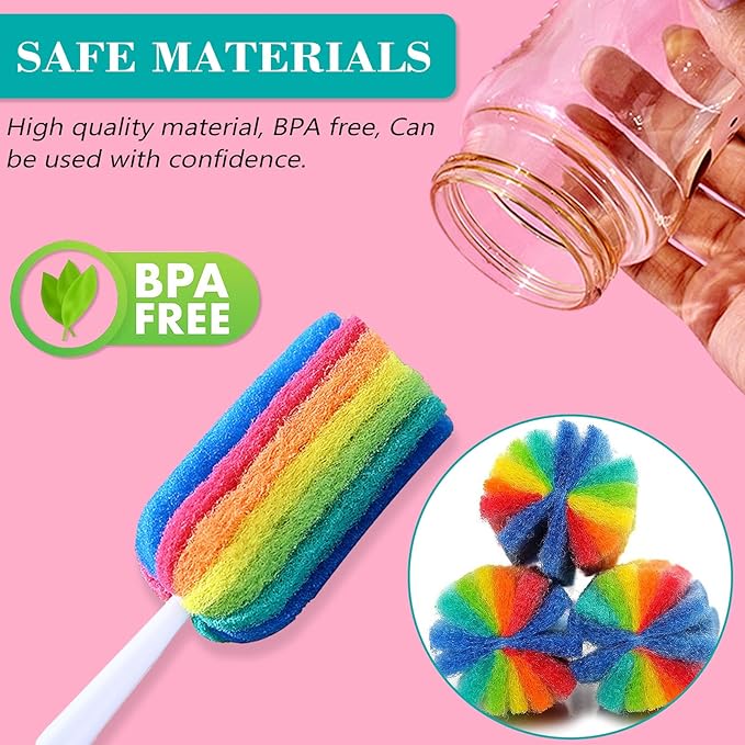 Bottle Brush with Straw 4PCS Sponge Cleaning Long Handle Scouring Pad Scrub for Kitchen Clean Baby Bottle Glasses Mugs Cups (1PCS+Straw Brush 4PCS)