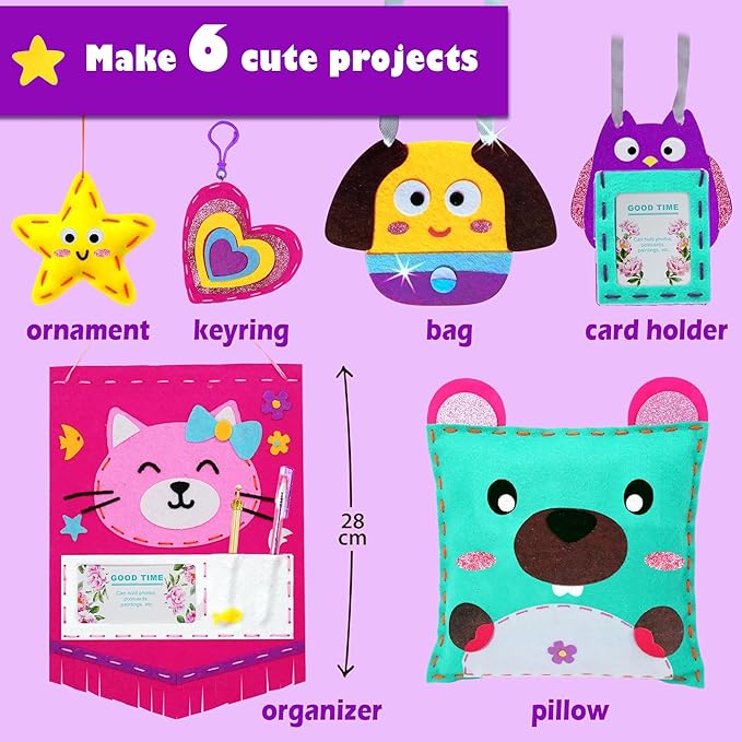 Aimiffy Kids Sewing Kit for Girls - Beginner Arts & Crafts,Make 6 Projects of Animal Knitting Kit for Beginners Arts and Crafts,Birthday Gifts for Girl 5-12 Years, Toddler Learn to Sew and Embroidery