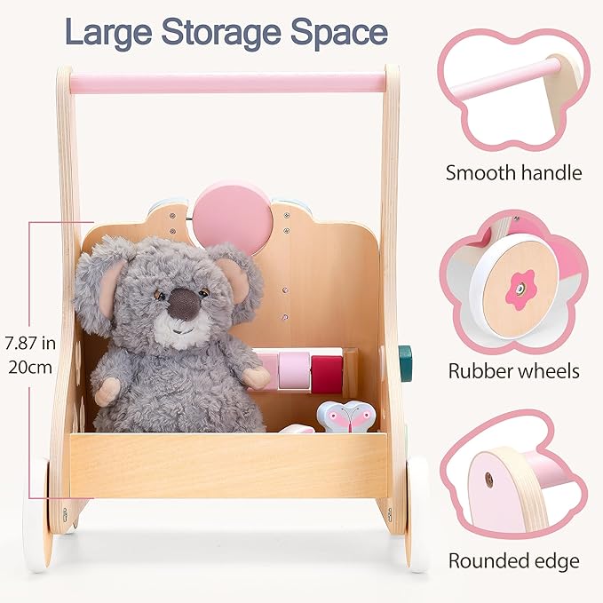 PairPear Wooden Baby Walker Push and Pull Learning Activity Walker, 8-in-1 Montessori Busy Board Push Walker Wooden Activity Center Toys for Boys and Girls 12m+ （Pink Rabbit）