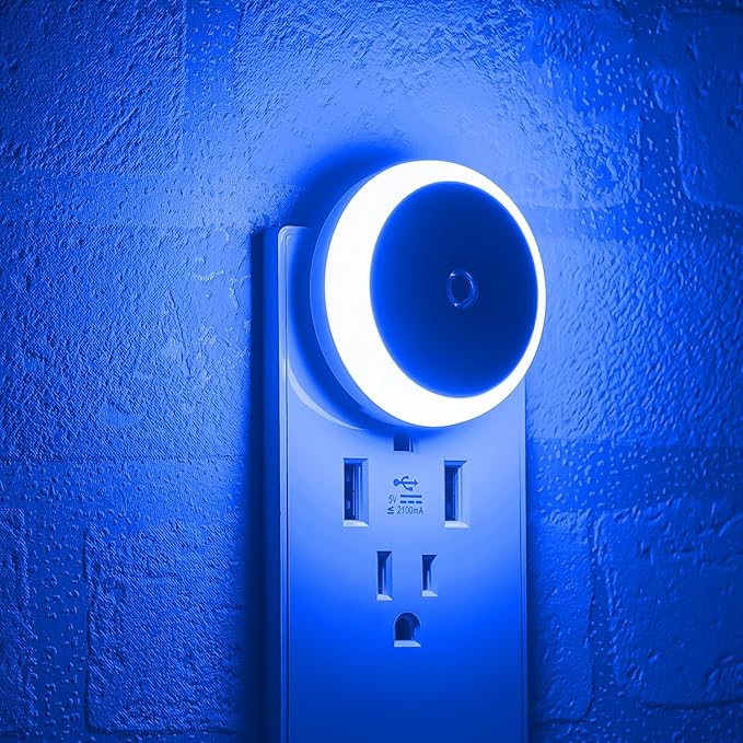 Blue LED Night Light, Plug in, Dusk to Dawn Smart Sensor, Small Round Nightlight, Energy Saving, Night light Plug into Wall for Bathroom, Kitchen, Bedroom, Hallway, Stairway, Travel, 2 Pack