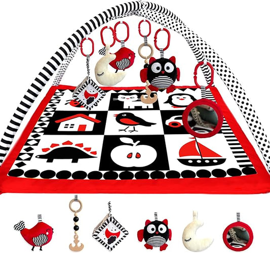 QUOKKA Padded Baby Gym Mat for Floor Tummy Time - High Contrast Baby Kick and Play Gym Mat - 6 Toys | Thick Pad | Machine Washable | Black White Red Colors for Vision Development