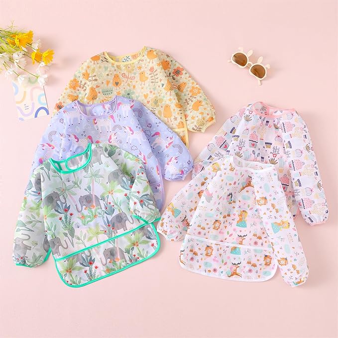 Long Sleeved Bibs, Pack of 5,Lightweight Waterproof Shirt Bibs for Baby Toddler 6-30 Months