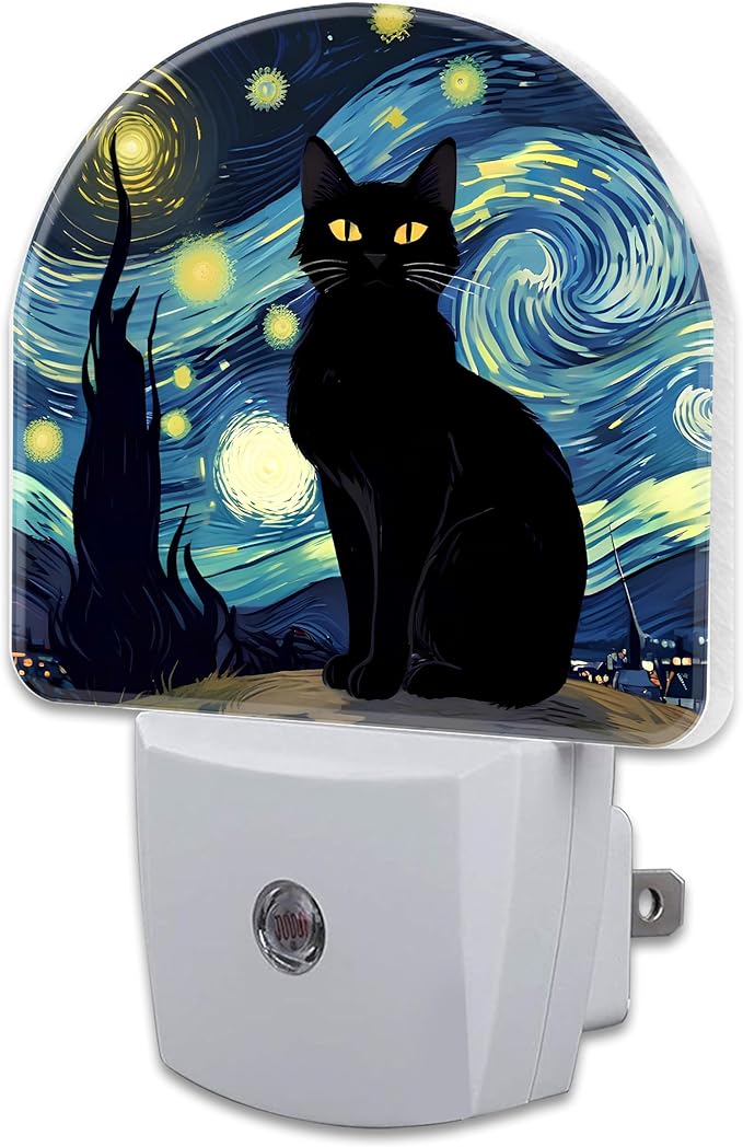 Starry Night Black Cat Night Light Plug into Wall, Impressionist Oil Painting Dusk to Dawn Night Light Plug in,0.5w Energy Saving Sleep Friendly NightLight for Kids Boys Girls Home Decor