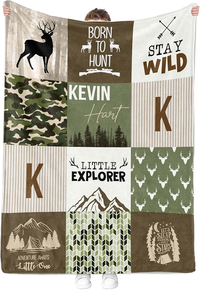 MDPrints Deer Hunting Personalized Baby Blankets for Boys, Custom Baby Name Blanket, Customized Newborn Boy Gift, Woodland Nursery Decor