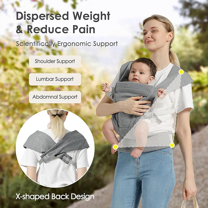 Baby Carrier Newborn to Toddler Baby Wraps Carriers(7-30lbs), Newborn Carrier with Head Support, Infant Holder Carrier with Enhanced Lumbar Support, Light Grey