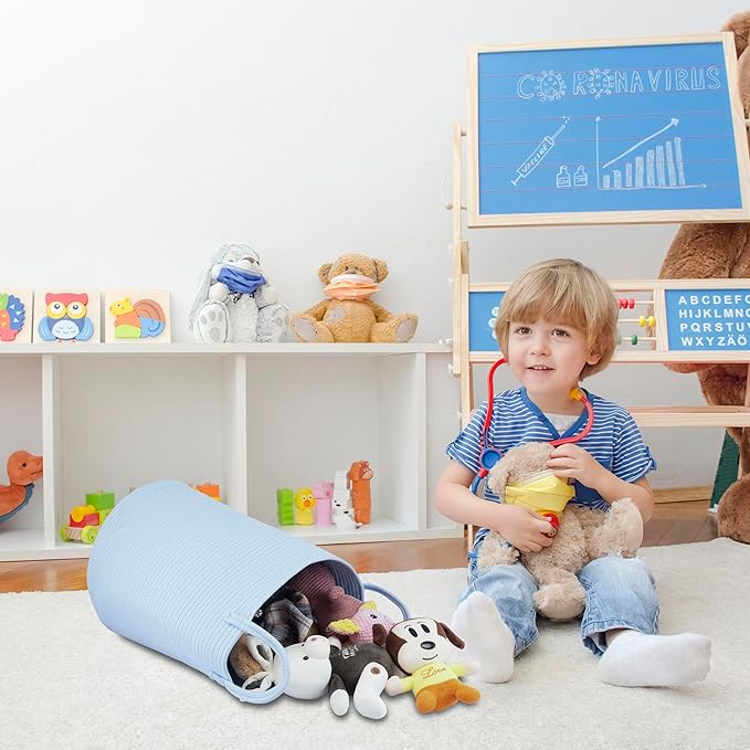 Cotton Rope Laundry Basket Hamper for Clothes Woven Storage Basket for Living Room Bedroom Boho Tall Rope Baskets for Blanket Toys Pillow Towels Baby Nursery Hamper Bin light blue