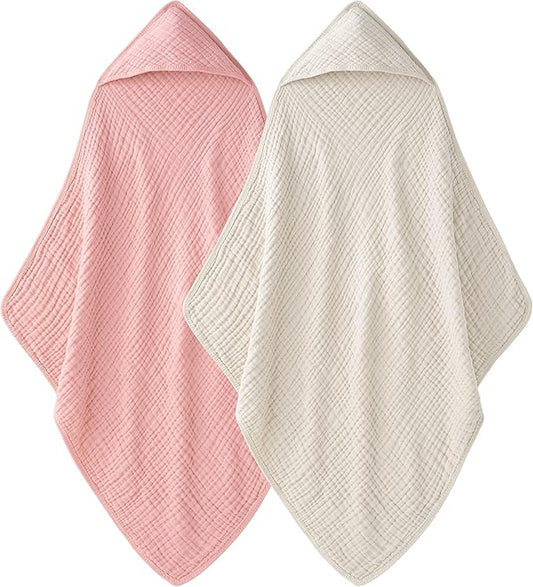 Hooded Baby Towels for Newborn - 2 Pack, 100% Muslin Cotton, Baby Bath Towels with Hood, Soft and Absorbent for Girls Infant, Toddler and Kids, Large 32x32 Inches, Newborn Essential