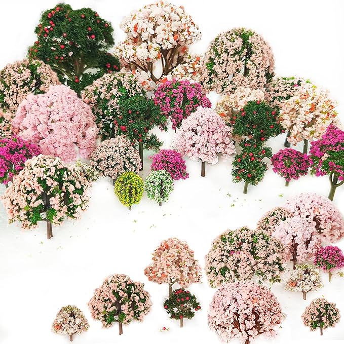 29pcs Mixed Model Trees, 1.5-4.8 inch(4-12 cm), OrgMemory Fruit Trees, Ho Scale Trees, Model Train Scenery, Architecture Trees, Flower Trees with No Bases