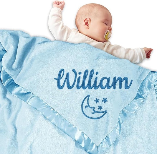 Personalized Baby Blanket with Name, Custom Flannel Swaddle Blankets, Customized Embroidered Receiving Blanket for Boys, Baby Shower Birthday for Newborn - Blue(36" x 36")