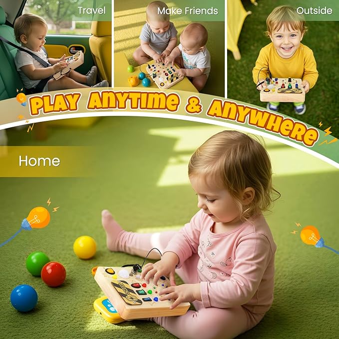 Busy Board, Montessori Toys for 1+ Year Old, Busy Board with 13 Led Light, Wooden Toddler Educational Travel Toy, 1 Year Old Boy&Girl Gifts