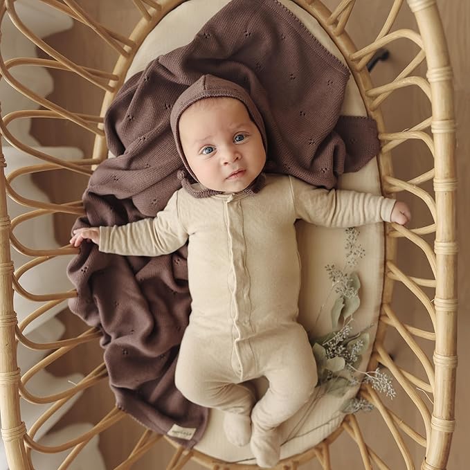 Organic Unisex Pointelle Receiving Swaddle Blanket for Boys & Girls - 100% Luxury Organic Soft Cotton Knit Warm Cozy Cuddle Stroller Blanket for Newborns, Infants, & Toddlers (Mocha)