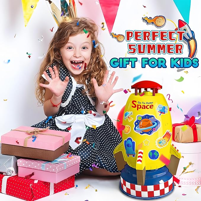 Water Rocket Sprinkler for Kids, Outdoor Sprinkler Rocket Launcher Toy for Backyard, Summer Water Toys for Kids Ages 3-12, Fun Water Powered Rocket Toy (Yellow-2)