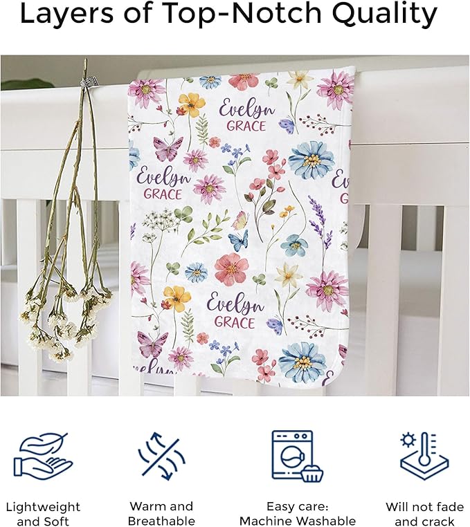 MDPrints Wildflower Custom Baby Blankets for Girls, Personalized Baby Gifts, Customized Newborn Blanket with Name, Minky Plush Fleece (Wildflower TM37)