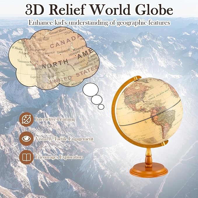 12" Illuminated World Globe, Desktop Globe with Raised Relief, LED Lights, Time Zone & Non-Slip Wooden Base, Geographic Terrain Globes for Decoration (Bronze)