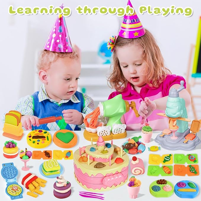 71 PCS 3 in 1 Dough Sets for Kids Ages 3-4-8, Art Crafts Dough Tools Kit, Ice Cream Playset Noodle Cake Maker Machine, Kitchen Creations Food Play Toys Boys Girls