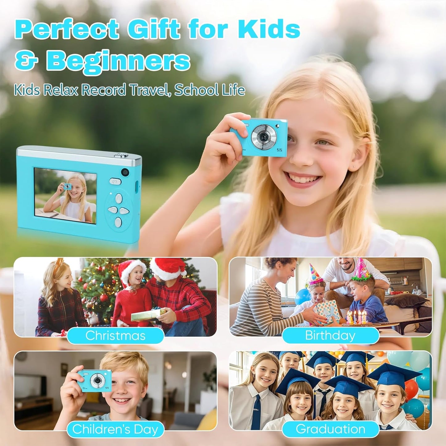 Digital Camera FHD 1080P Video & 8X Digital Zoom - Compact Point and Shoot Digital Camera with 2.4" Screen, 800mAh Rechargeable Battery - Portable Small Camera for Kids Teens Girls Boys (Teal)