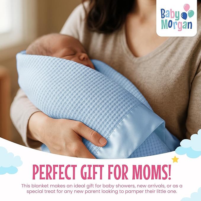 Blankets - Thermal Waffle Warm Baby Blanket for Crib - Soft and Cozy Baby Crib Blanket for Nursery, Stroller, or Naptime Comfort - Ideal Shower Gift - Blue, Satin Trim (36" x 50")