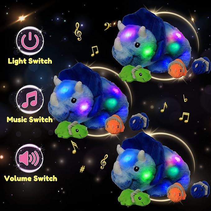 Hopearl LED Musical Stuffed Dinosaur Playset Lighting Up Singing Plush Toy Mommy Triceratops with 3 Babies in her Tummy Adjustable Volume Lullaby Animated Soothe Gifts for Toddlers Boys, Blue, 15”