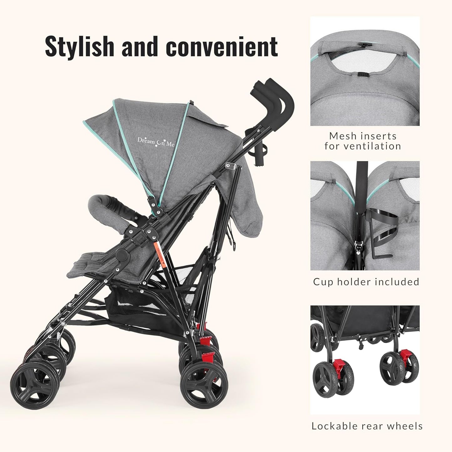 Dream On Me Volgo Twin Umbrella Stroller in Mint, Lightweight Double Stroller for Infant & Toddler, Compact Easy Fold, Large Storage Basket, Large and Adjustable Canopy